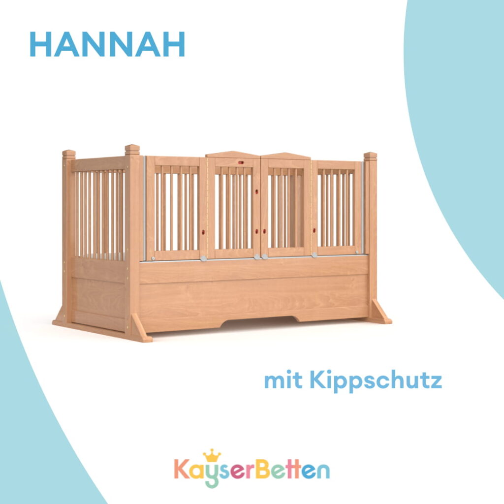 Holzfarbenes Kinder-Pflegebett Hannah mit hohen Seitengittern und zusätzlichem Kippschutz