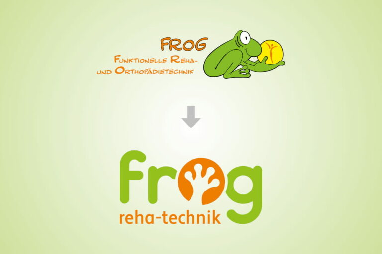 Gegenüberstellung des alten FROG Logos zum neuen FROG Logo auf grünem Hintergrund.