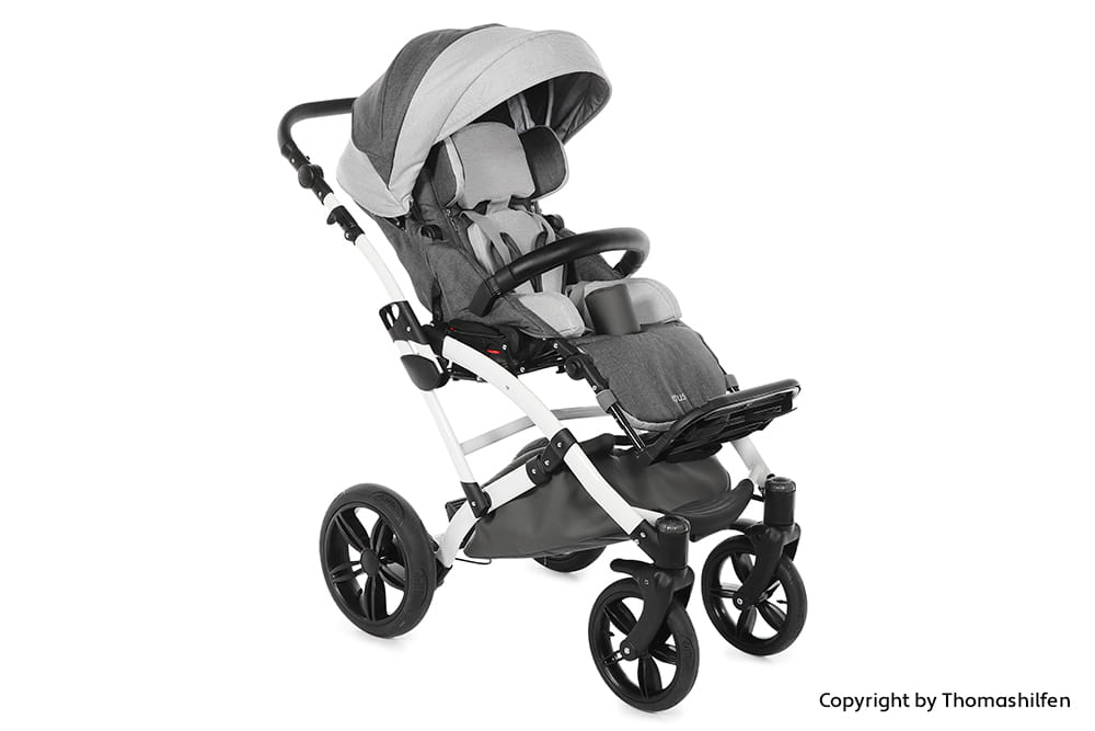 Grauer Reha-Buggy mit Verdeck, Seitenpelotten, Fußstütze und stabilem Fahrgestell