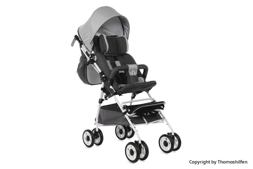 Grauer Reha-Buggy mit kompaktem Gestell, Verdeck und unterstützenden Sitzelementen