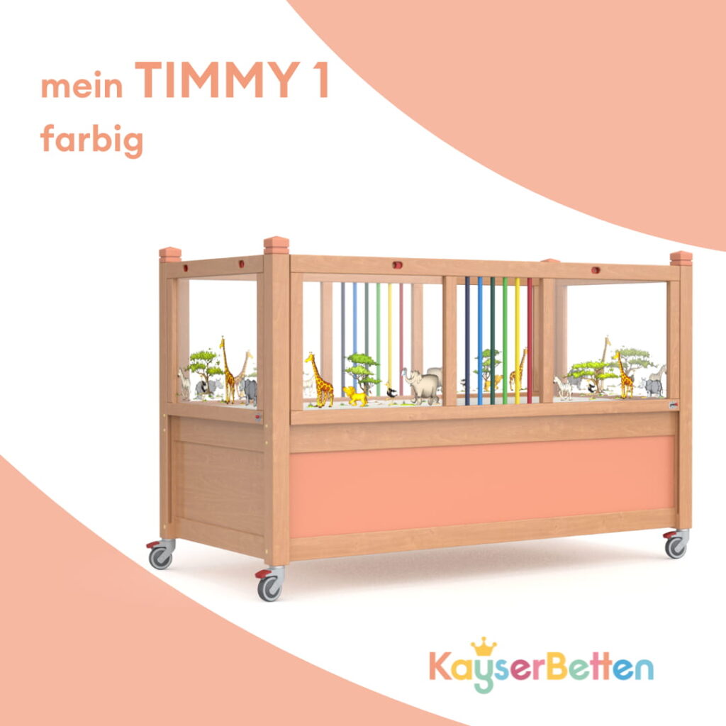 Holzfarbenes Kinder-Pflegebett Timmy mit hohen Seitengittern und Rollen